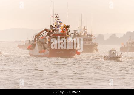 vigo bay, pontevedra , spain, july 16, 2022: ships on traditional procession maritime seafarers Stock Photo