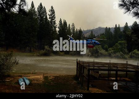 Jerseydale, CA, USA. 26th July, 2022. Jerseydale, CA, U.S. - Helicopters continued to make water drops all day in support of the firefighters conducting controlled burns. (Credit Image: © Neal Waters/ZUMA Press Wire) Stock Photo