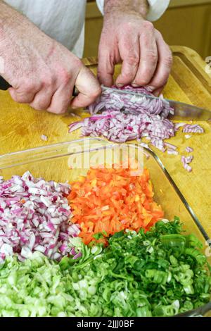 Florida Kendall,Hispanic Latin Latino ethnic immigrant immigrants minority,adult man male,chef makes how to cook video,kitchen cutting onion Stock Photo