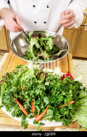 Florida Kendall,Hispanic Latin Latino ethnic immigrant minority,adult man men male,chef makes how to cook video,kitchen cooking greens salad Stock Photo