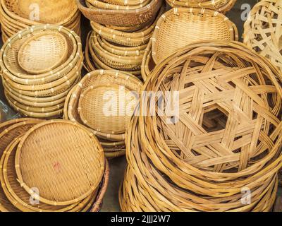 Random assortment of woven cane baskets Stock Photo