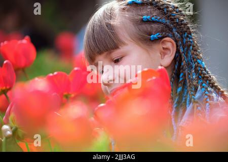 Happy child girl enjoying sweet smell of red tulip flowers in summer garden Stock Photo