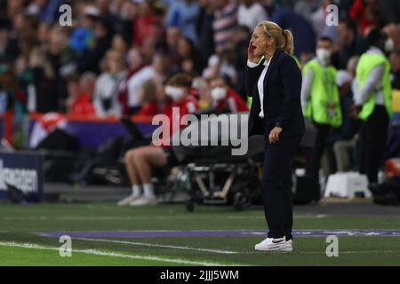 Sheffield, England, 26th July 2022. Sarina Wiegman Head coach of England reacts during the UEFA Women's European Championship 2022 match at Bramall Lane, Sheffield. Picture credit should read: Jonathan Moscrop / Sportimage Stock Photo