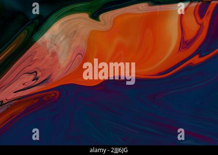 Blue and Orange, and Green Waves Abstract Liquid Marble, Elegant Texture Background. Luxury and Simple Background, Liquid marble design abstract paint Stock Photo
