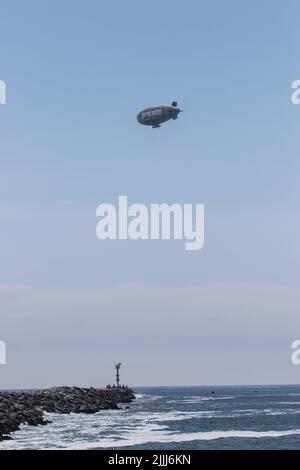 Blimp Discovery shark week advertising  airship over Newport Beach California, USA Stock Photo