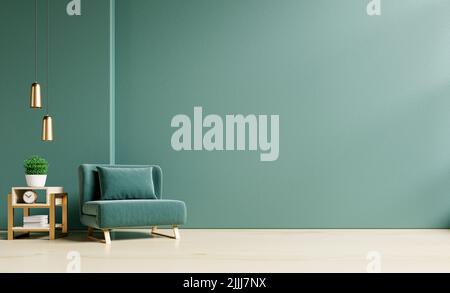 Living room with green armchair on empty dark green wall background.3D rendering Stock Photo