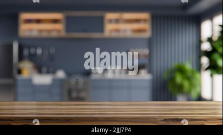 Wooden table top on blur kitchen room background,Modern kitchen room interior.3D rendering Stock Photo