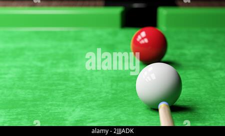 Snooker pool table and billiards ball with dimness light . Sportsman aim at white ball . Copy space at left side . 3D rendering . Stock Photo