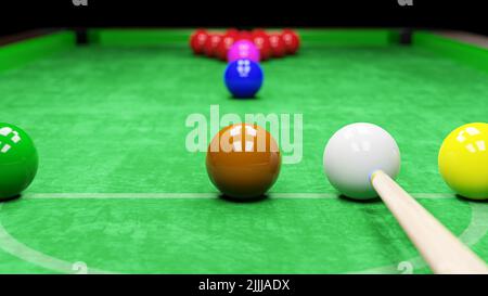 Snooker pool table and billiards ball with dimness light . 3D rendering . Stock Photo