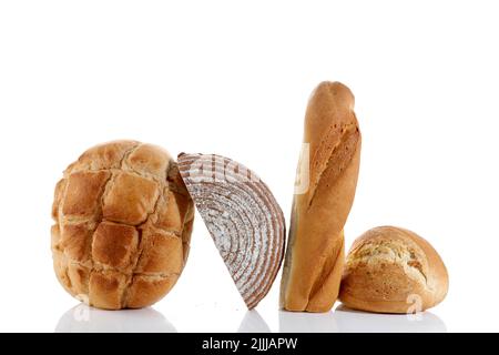 Various Rustic Bread, Sourdough, Baguette, Boule Isolated on White. Copy Space for Text or Recipe Stock Photo