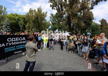 Odessa, Ukraine. 5th Sep, 2021. Participants hold a banner saying ''Odessa for humanity. Protecting the weak is the business of the strong'' during the rally. The All-Ukrainian March for Animal Rights took place across the country. The event was held simultaneously in 30 cities of Ukraine. Activists took to the streets to protest the cruel treatment, killings and use of animals in circuses, commercial photo shoots, and entertainment. Activists and animal owners from Kharkiv, Mykolaiv, Rivne, Kherson, Cherkasy, Kropyvnytskyi, Odessa and other cities took part in the action. Polar explorers Stock Photo