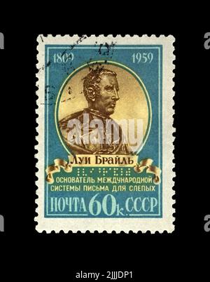Louis Braille (1809-1852), famous educator, inventor of reading and writing system,  tactile code cipher, canceled stamp printed in USSR Stock Photo