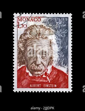Albert Einstein (1879-1955), famous scientist, physicist, Nobel prize winner,  canceled stamp printed in Monaco Stock Photo