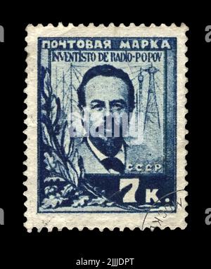 Alexandr Popov (1859-1905), famous russian radio pioneer, wireless transmission innovator,, canceled stamp printed in the USSR Stock Photo