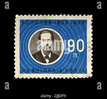 Alexandr Popov (1859-1905), famous russian radio pioneer, wireless transmission innovator, canceled stamp printed in Bulgaria Stock Photo