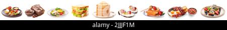 Collection of tasty breakfasts on white background Stock Photo