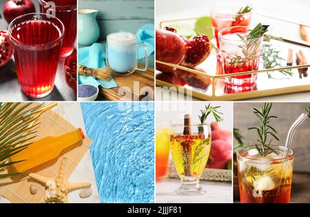 Collage with many different drinks Stock Photo