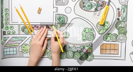 Landscape designer working on residential project, top view Stock Photo