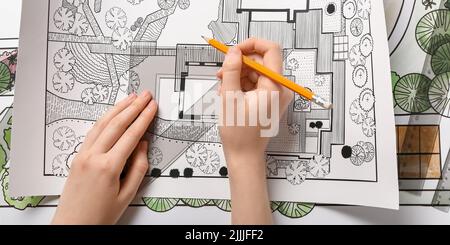 Landscape designer working on residential project, top view Stock Photo