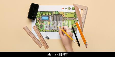 Landscape designer working on residential project, top view Stock Photo