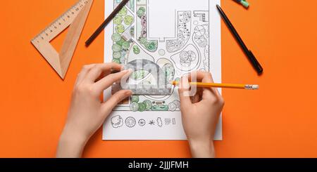 Landscape designer working on residential project, top view Stock Photo