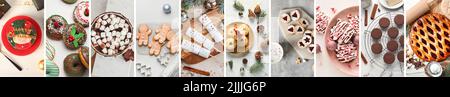 Set of delicious Christmas desserts and cacao drink on light background, top view Stock Photo