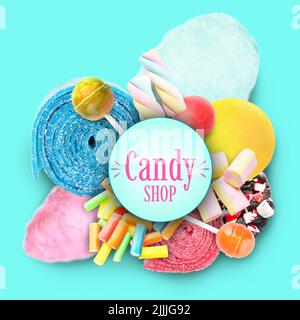 Collage of tasty sweets with text CANDY SHOP on blue background Stock Photo