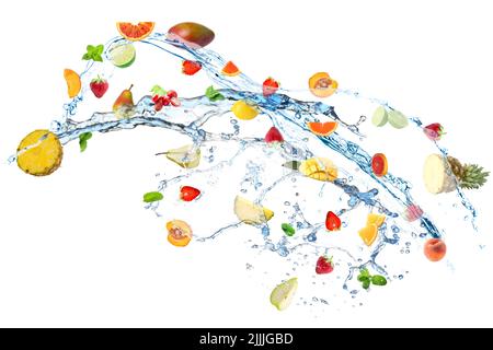 Different flying fruits and splash of water on white background Stock Photo