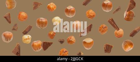 Falling pieces of milk chocolate and hazelnuts on brown background Stock Photo