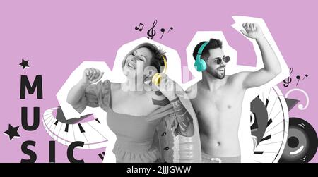 Handsome young man with inflatable ring and tattooed woman listening to music on lilac background Stock Photo