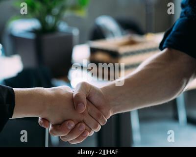 join team job interview man woman handshake Stock Photo