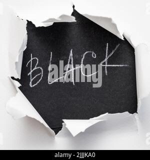 hole paper rough edge word black burst white layer Stock Photo