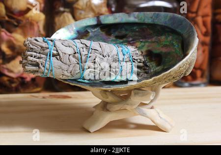 Abalone Shell With Sage Bundle Incense For Cleansing and Purification Stock Photo