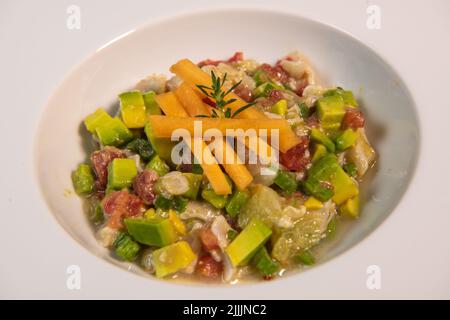 Recipe for ceviche of sea bream with avocado, chilli and lime Stock Photo