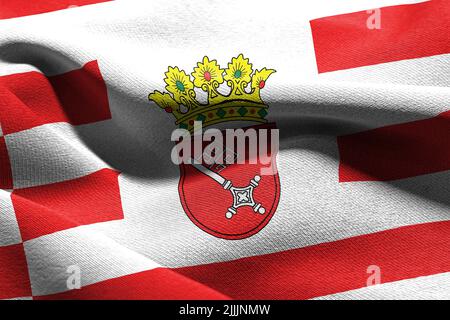 3D illustration flag of Bremen is a region of Germany. Waving on the wind flag textile background Stock Photo