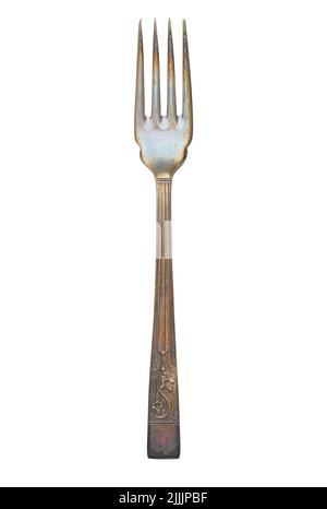 Old oxidized metal fork, cut out, photo stacking Stock Photo
