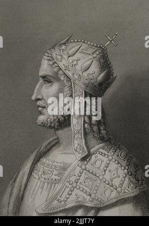 Justinian I the Great (482-565). Emperor of the Eastern Roman Empire. Portrait. Engraving. 'Historia Universal', by César Cantú. Volume VIII. 1858. Stock Photo