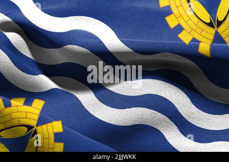 3D illustration flag of Merseyside is a region of England. Waving on the wind flag textile background Stock Photo