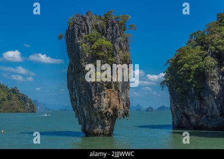 Phang Nga in Thailand is a bay with 42 islands and became famous as James Bond Island as it was featured in the film the man with the golden gun Stock Photo