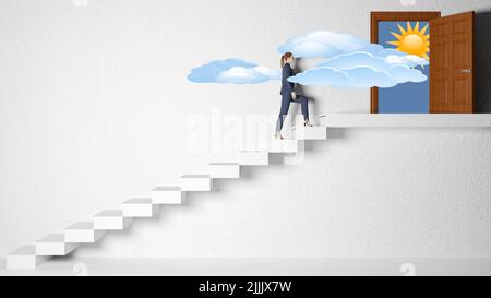 3d illustration. Future, architecture, staircase. Woman climbs the ladder to the future. Stock Photo