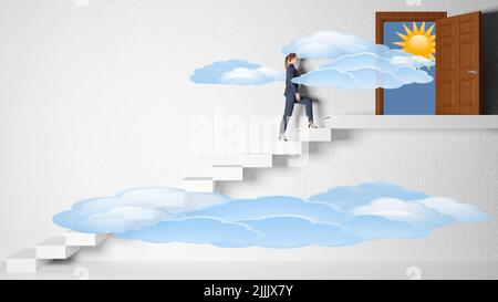 3d illustration. Future, architecture, staircase. Woman climbs the ladder to the future. Stock Photo