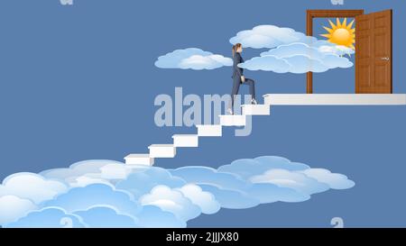 3d illustration. Future, architecture, staircase. Woman climbs the ladder to the future. Stock Photo