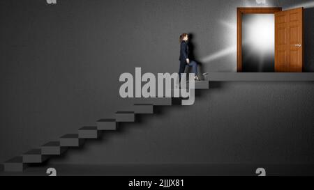 3d illustration. Future, architecture, staircase. Woman climbs the ladder to the future. Stock Photo