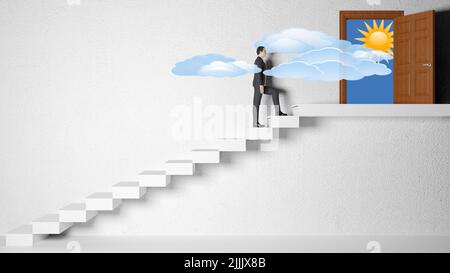 3d illustration. Future, architecture, staircase. Man climbs the ladder to the future. Stock Photo