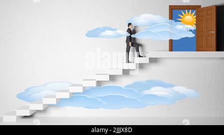 3d illustration. Future, architecture, staircase. Man climbs the ladder to the future. Stock Photo