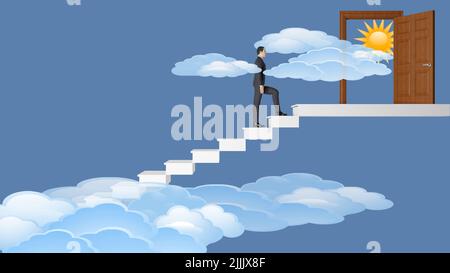 3d illustration. Future, architecture, staircase. Man climbs the ladder to the future. Stock Photo