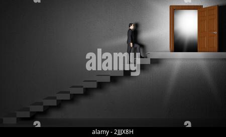 3d illustration. Future, architecture, staircase. Man climbs the ladder to the future. Stock Photo