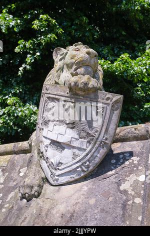 A lion with its mane, holding a royal shield, crest. At the William Burges designed stone carved Animal Wall by Cardiff Castle in Cardiff, Wales, Unit Stock Photo