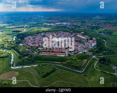 Bird's-eye view of the ancient star-shaped fortified city of Palmanova. Stock Photo
