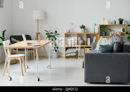 Horizontal image of modern living room with comfortable sofa and table with laptop for online work Stock Photo
